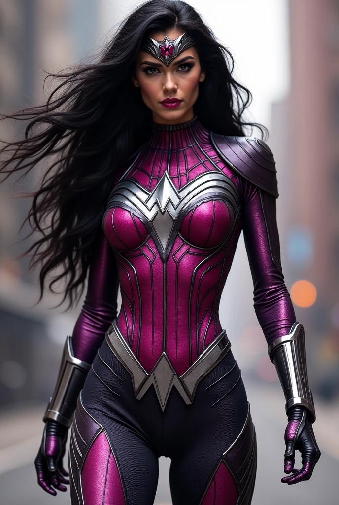(((Fuchsia symbiote fused with Spiderman Wonder Woman))),(((A beautiful woman with long black hair under the mantle of the Amazon warrior Wonder Woman))),(((Ten-pointed white star on its abdomen))),(((Fuchsia Corset))),(((Long fuchsia boots up to her knees))),(((With Symbiote skin running all over his skin))) Fuchsia metal bracelets))),(((Simbionte Spiderman))),(((Ten-pointed white star on its abdomen))),(((Symbiote fused with Spiderman Wonder Woman)))