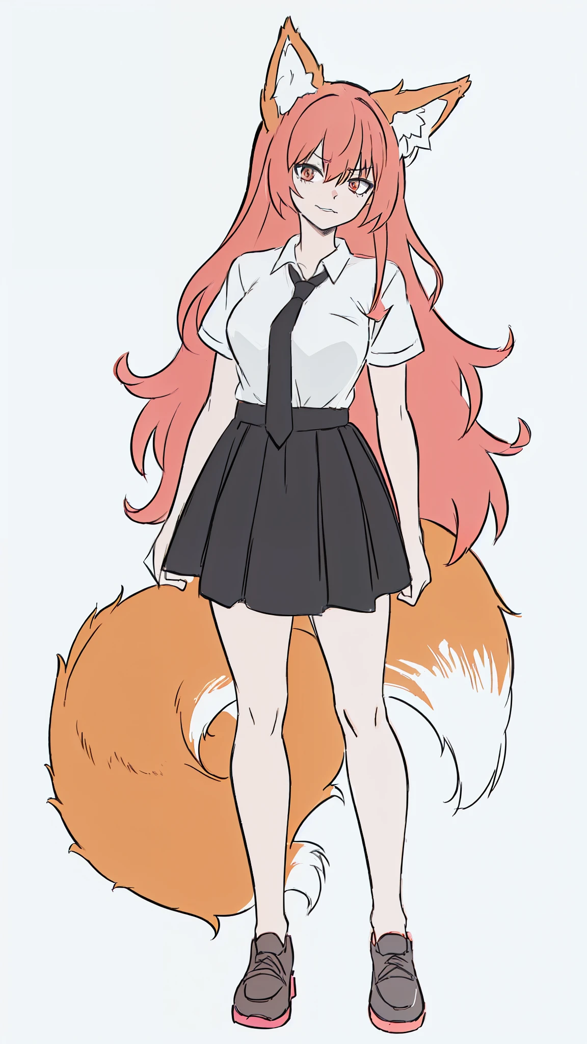 (1woman,20years old),white shirt,short sleeves,black standard tie,black skirt,red hair, full body,long hair, fox ears, serious,(simple background,white background)