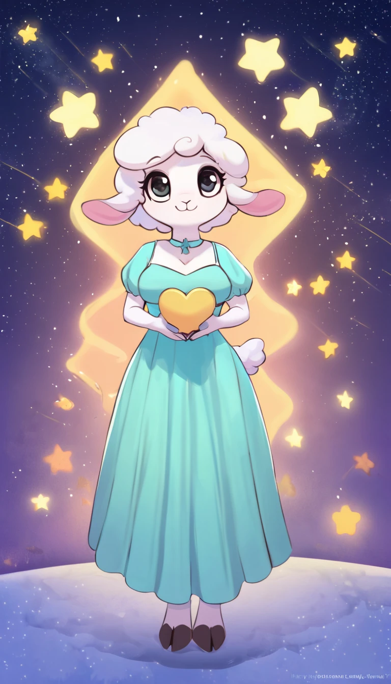 anthro female lamb, full body of sky blue wool, a magic mint dress, holding a golden heart pillow, stars in background