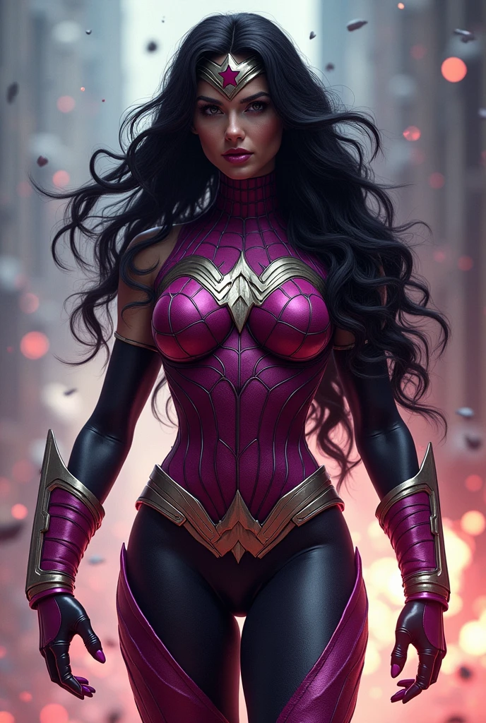 (((Fuchsia symbiote fused with Spiderman Wonder Woman))),(((A beautiful woman with long black hair under the mantle of the Amazon warrior Wonder Woman))),(((Ten-pointed white star on its abdomen))),(((Fuchsia Corset))),(((Long fuchsia boots up to her knees))),(((With Symbiote skin running all over his skin))) Fuchsia metal bracelets))),(((Simbionte Spiderman))),(((Ten-pointed white star on its abdomen))),(((Symbiote fused with Spiderman Wonder Woman)))