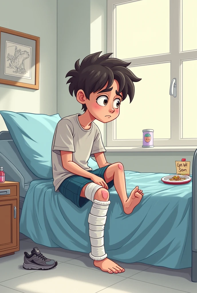 Cartoon of older age male with cast on knee sad in hospital