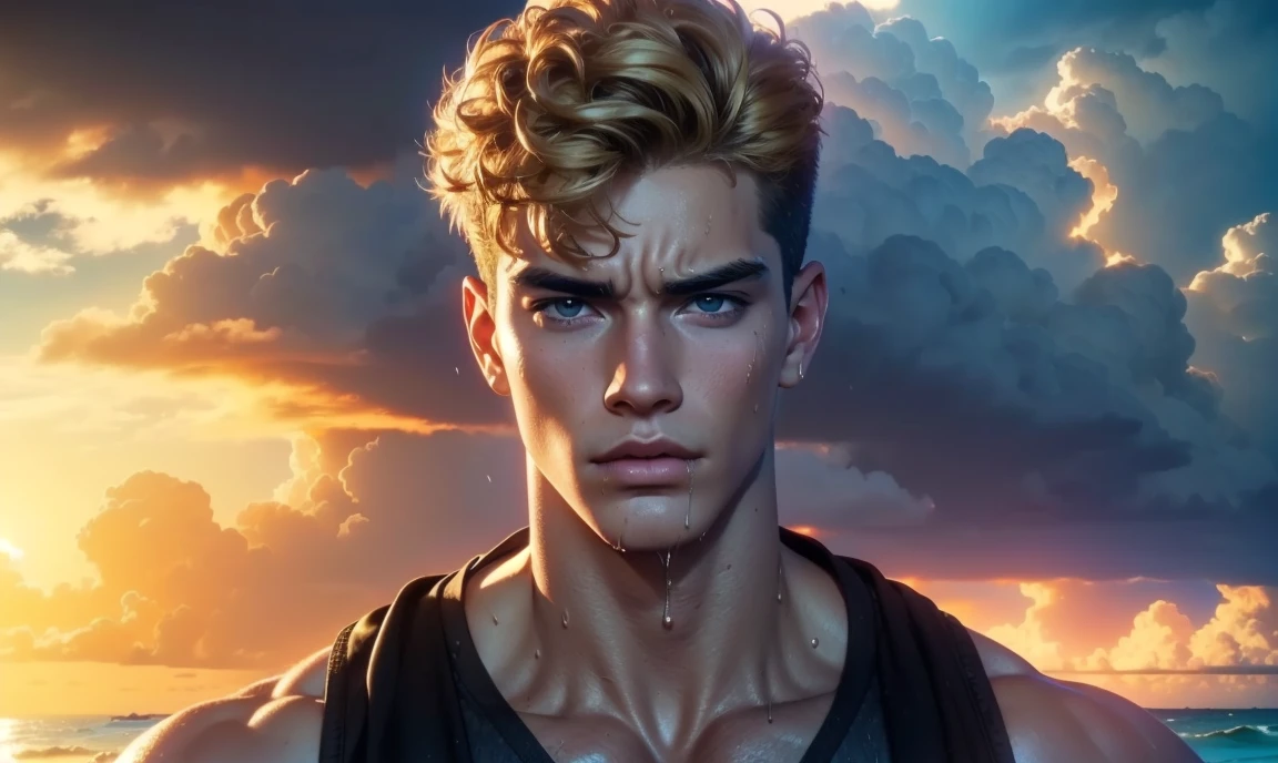 [((highly detailed, detailed eyes, detailed face, clear and realistic facial features, photorealistic, realistic light, cinematic, close up)), ((((3 men, each man looks unique, each man has a different natural hair color and different facial features and skin color)))), (((sexy male college-age jocks standing on the beach and looking angry or frustrated))), ((wearing casual clothes)), ((wet)), ((beautiful deserted tropical island with a storm in background))]