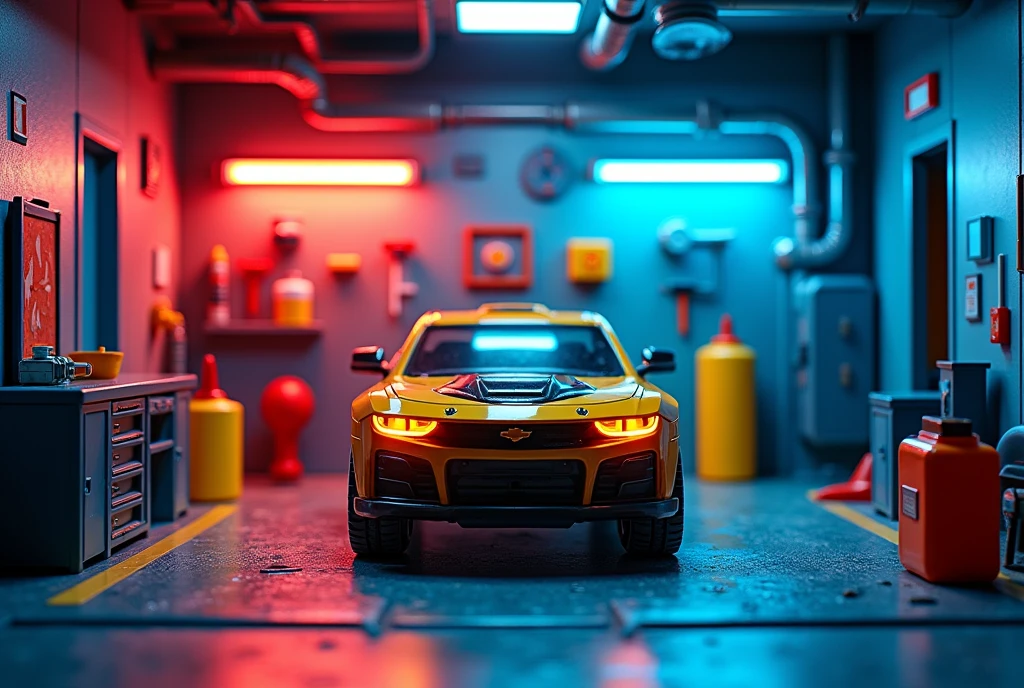 All items in a square display box create a detailed car wash toy industrial style wall spray paint vibrant contrasting colors detailed tools garage accessories cool lighting effects location cool indoor environment plastic texture toy mechanical style futuristic feel (repeated) industrial style