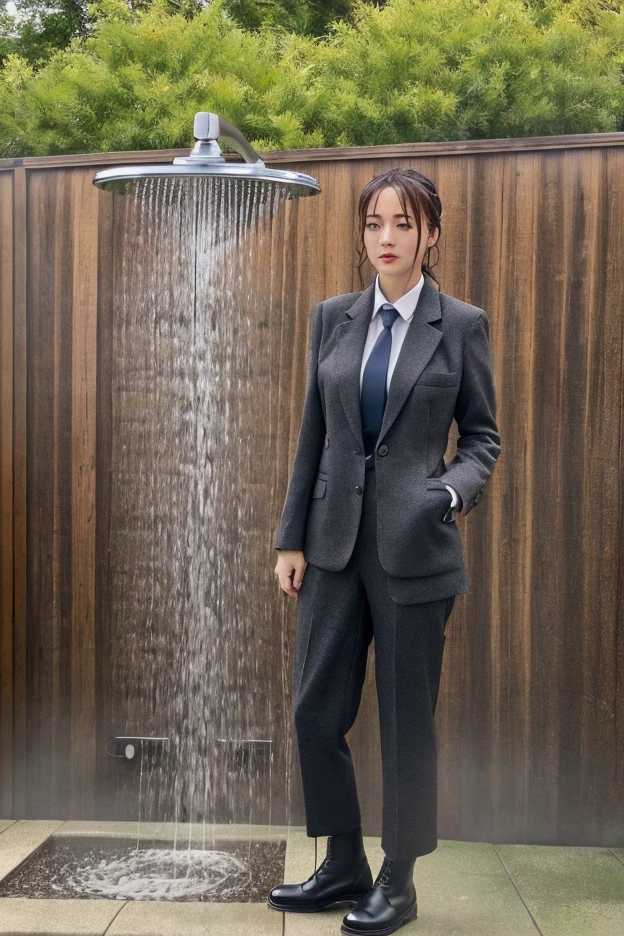 highly detailed photo of a Japanese woman, business suits and Dr. Martens ankle boots, no makeup, taking shower outside, wet cloths, wrinkled skin, not looking at viewer, masterpiece, ultra realistic