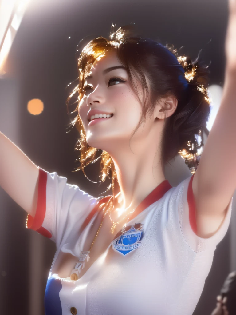(masterpiece),(Highest quality:1.2),(Very detailed:1.2),(High resolution),(Photorealistic Stick),(RAW Photos),(Highest quality,8k,超High resolution,Best image quality,masterpiece),(Sophisticated lighting:1.1), (Cinema Lighting,Improvement of quality:0.9),((Cowboy Shot)),((whole body)),Very detailedなアートジェム,Near Blur,Backlight,Delicate Shadows,Lens flare,Sparkle Effect,Vignetting,(Detailed skin texture:1.3),Adorable,Delicate and beautiful young Japanese woman,Random Hairstyles,((Beautiful breasts:1.2)),(Beautiful valley),Perfect body,Sexy look,Bold Pose,Vivid rouge,Waistline,Watching Soccer,Stadium,Real=Sociedad uniform,Japanese Actress,Raise your hands and cheer,Underarm,short hair,alone, Sweaty,Beautiful breasts, (Nipple protrusions are clearly visible),(Underarmを見せびらかす:1.5)