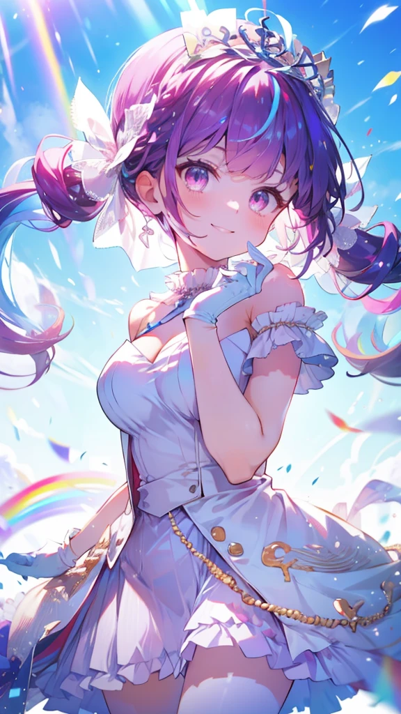 (Highest quality:1.2), (Very detailed:1.2),(masterpiece:1.2),(8k:1.2),(Blessed,Captivating body、Very beautiful eyes、Very detailed肌、Very detailed顔,Detailed Background), ffaqua, twintails, drill hair, tiara, white dress, white gloves,(summer background,Blue Sky background,rainbow:1.3),(The best smile:1.2)、take a mike,on idol stage,singing,