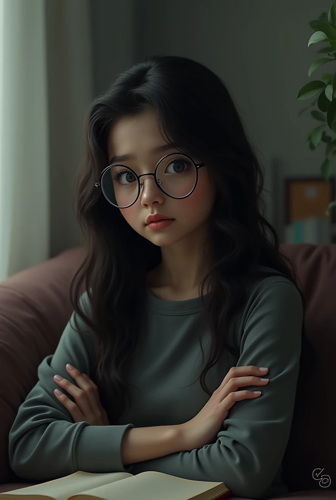 Normal family background sad girl with long wavy hair with glasses 