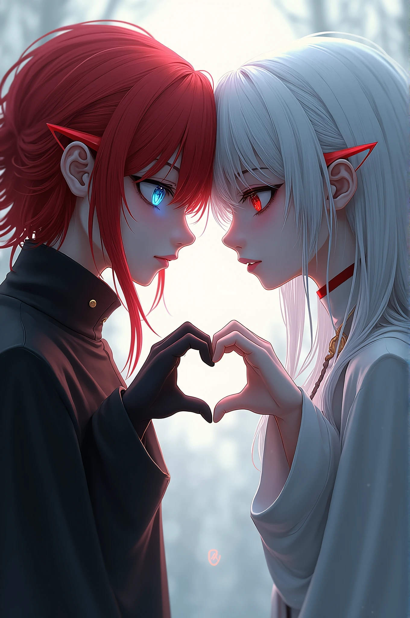 redhead with red right eye and blue left eye making a heart using her hands along with one with white hair and red eyes the longest background