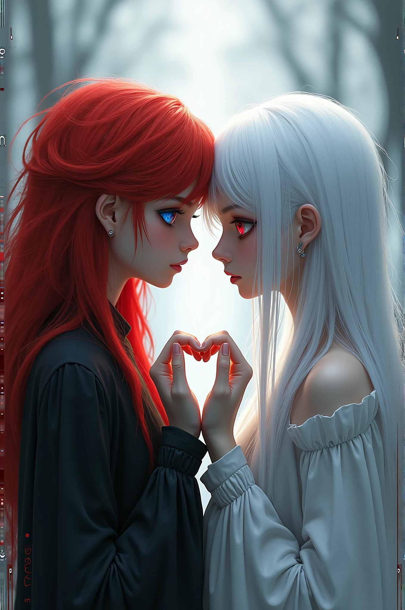  redhead with red right eye and blue left eye making a heart using her hands along with one with white hair and red eyes the longest background