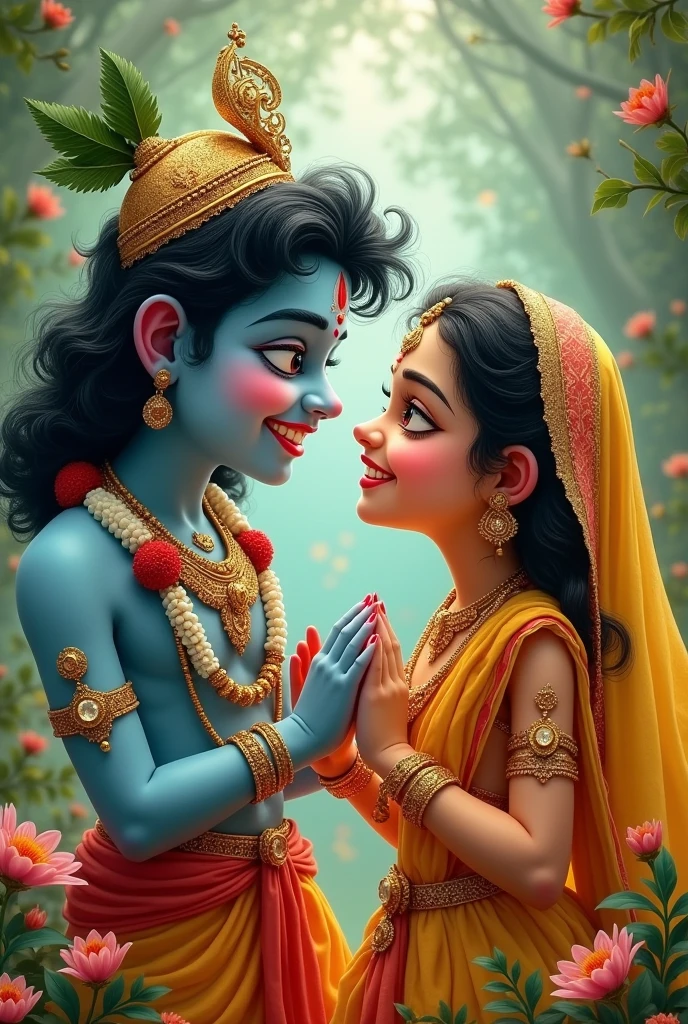 Create a image of radha krishna where krishna has weird fasial expressions of smiling and radha looking at krisna and pass cute smile on him