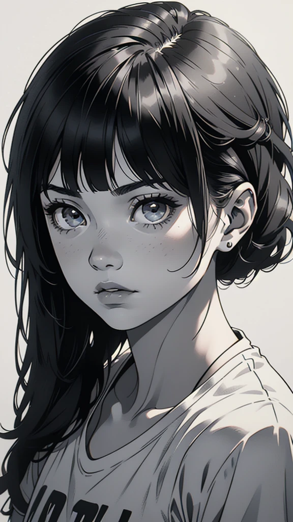 1 boyish girl, solo, sharp eyes, monochrome, greyscale, short black hair, portrait, white T-shirt, thin eyebrows, closed mouth, looking at viewer, graphite \(medium\), detailed lips, hatching \(texture\), without makeup, full bangs, upper body, (best illustration), (best quality), (very detailed), (masterpiece), expressionless,