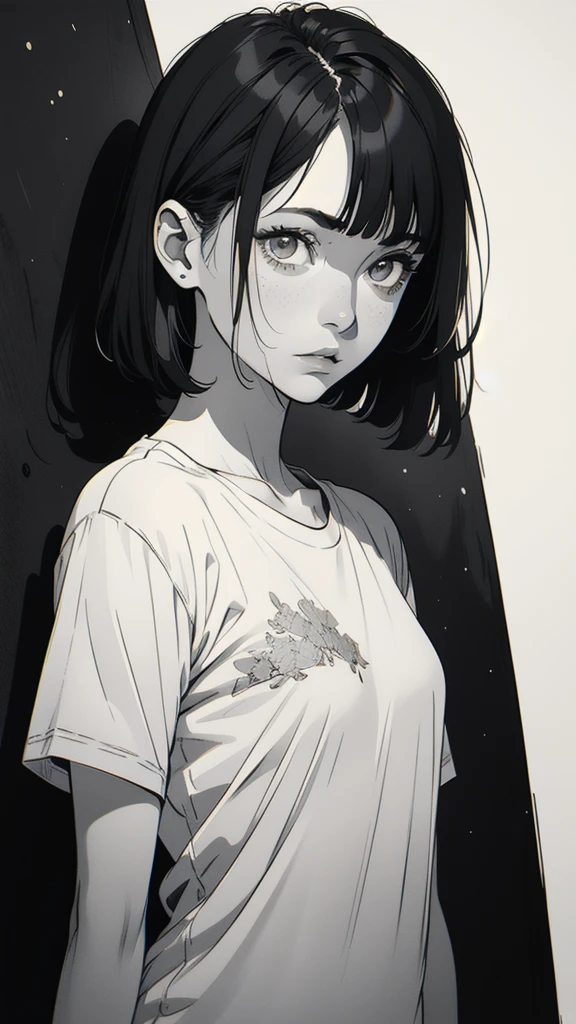 1 boyish girl, solo, sharp eyes, monochrome, greyscale, short black hair, portrait, white T-shirt, thin eyebrows, closed mouth, looking at viewer, graphite \(medium\), detailed lips, hatching \(texture\), without makeup, full bangs, upper body, (best illustration), (best quality), (very detailed), (masterpiece), expressionless,