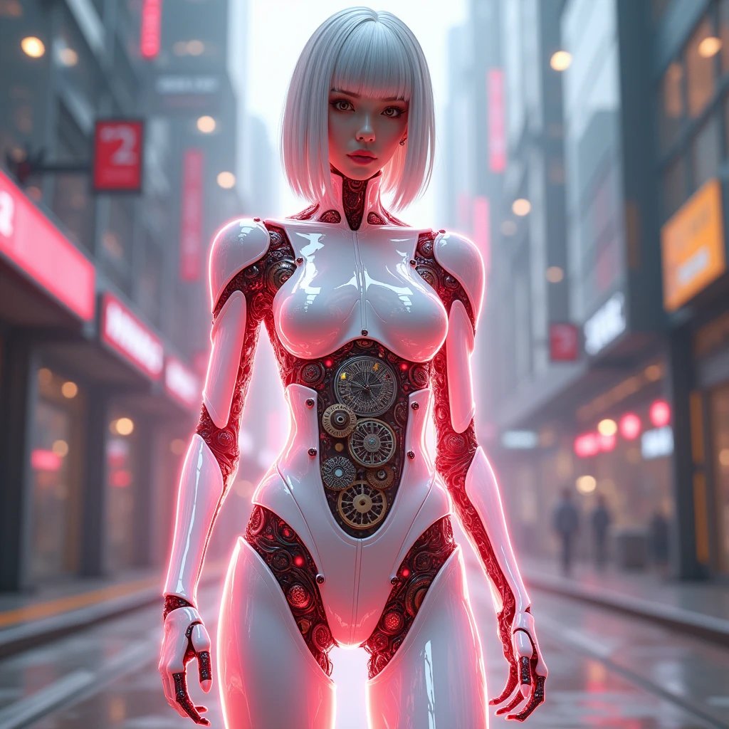  translucent white glowing glass red body de frente de pé olhando pra frente ,joelho e coxa de ferro prateado, pink showcasing the intricate clockwork mechanics and moedas black intertwined within. The cyborg's hazel eyes capture the viewer's attention, while her silver hair and wide hips exude an air of elegance. The futuristic cityscape serves as a backdrop, reflecting the pink glow emanating from the cyborg's body. The hyperdetailed ultrarealistic face and fluid movement create a sense of depth and realism. The image is a mesmerizing blend of fashion photography, 3D render, and portrait photography, capturing the beauty and complexity of this captivating character., 3d render, photo, portrait photography , body de frente de pé olhando pra frente ,joelho e coxa de ferro prateado, green showcasing the intricate clockwork mechanics and water gold intertwined within. The cyborg's hazel eyes capture the viewer's attention, while her amarelo white hair and wide hips exude an air of elegance. The futuristic cityscape serves as a backdrop, reflecting the blue glow emanating from the cyborg's body. The hyperdetailed ultrarealistic face and fluid movement create a sense of depth and realism. The image is a mesmerizing blend of fashion photography, 3D render, and portrait photography, capturing the beauty and complexity of this captivating character., 3d render, photo, portrait photography
