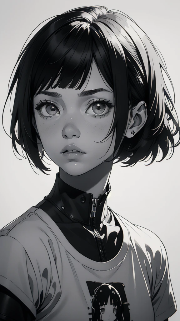 1 boyish girl, solo, sharp eyes, monochrome, greyscale, short black hair, portrait, white T-shirt, thin eyebrows, closed mouth, looking at viewer, graphite \(medium\), detailed lips, hatching \(texture\), without makeup, full bangs, upper body, (best illustration), (best quality), (very detailed), (masterpiece), expressionless,