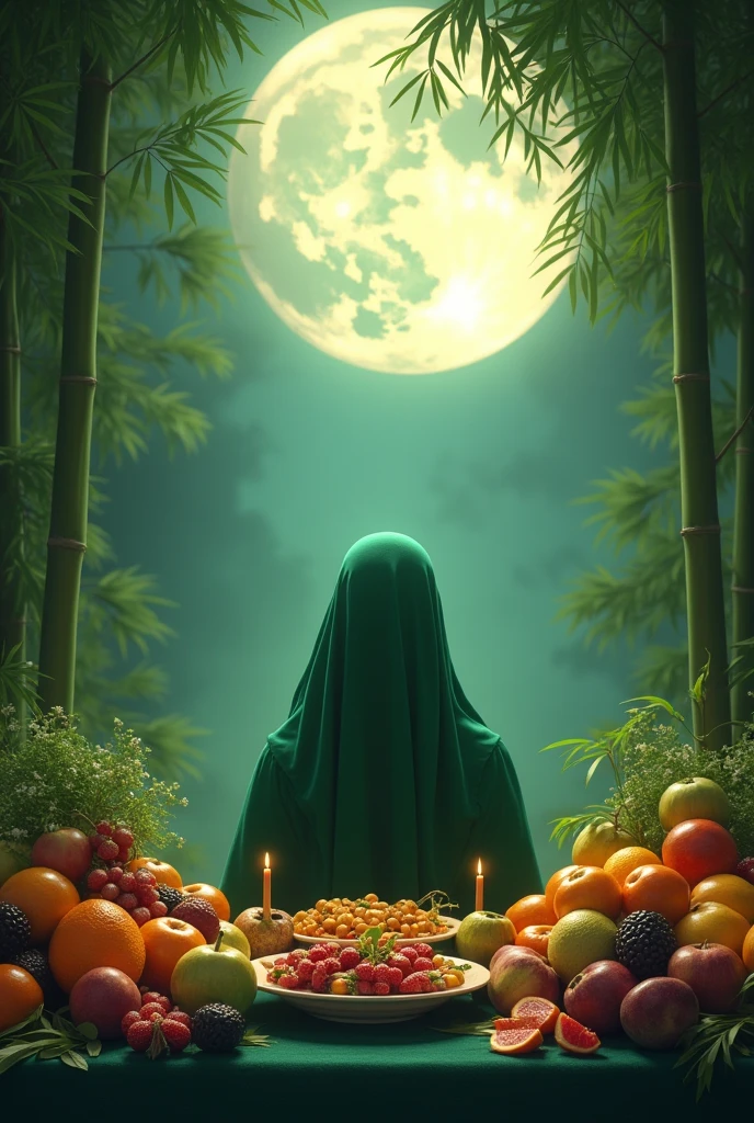 Heaven dinning table full by different types of fruits and heaven man is sitting to eat that fruits with green hijab in full moon night under bamboos garden
