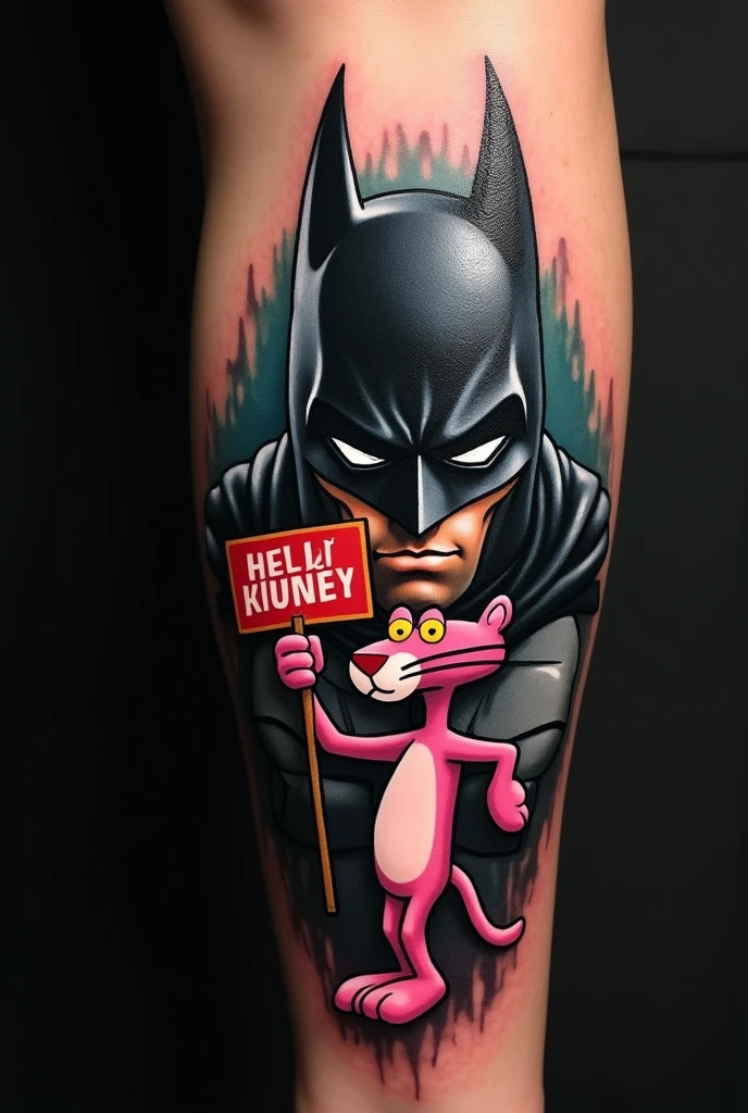 Batman tattoo with the pink panther holding a hello kitty sign