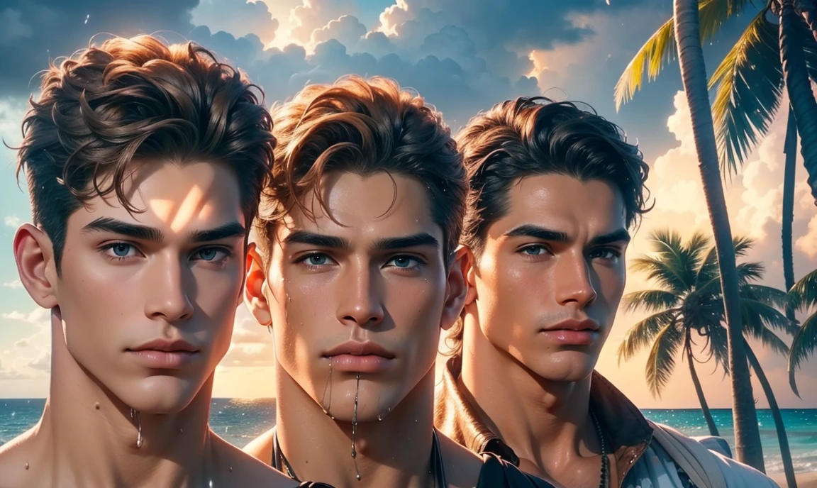 [((highly detailed, detailed eyes, detailed face, clear and realistic facial features, photorealistic, realistic light, cinematic, close up)), ((((3 men, each man looks unique, each man has a different natural hair color and different facial features and skin color)))), (((sexy male college-age jocks standing on the beach and looking angry or frustrated))), ((wearing casual clothes)), ((wet)), ((beautiful deserted tropical island with a storm in background))]