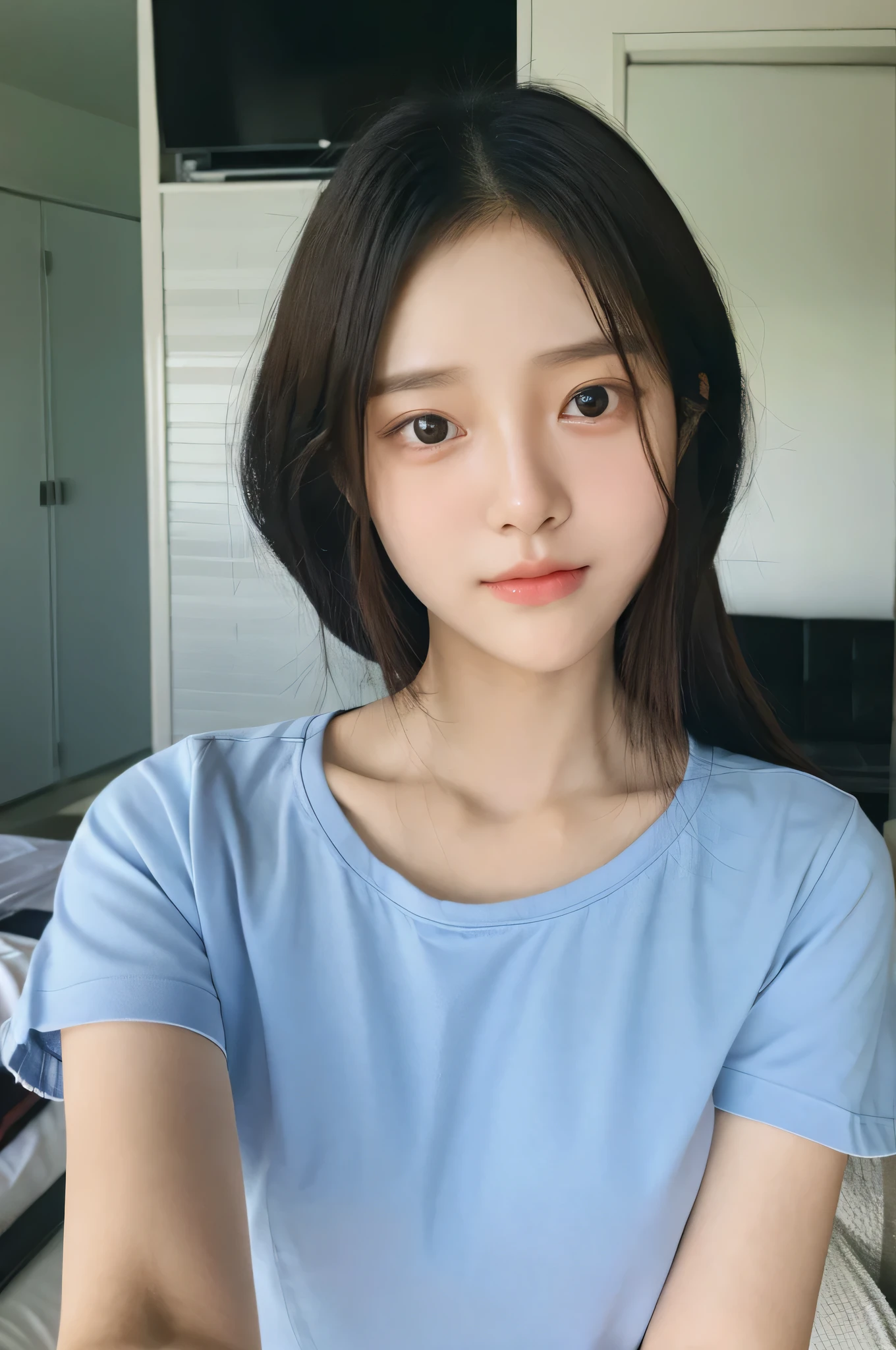 student girl korean cute face there is a girl that is taking a selfie in her room, summer shirt, 23years old, with casual Tshirt, Korea style shirt, Fair complexion,Delicate skin,Good facial features