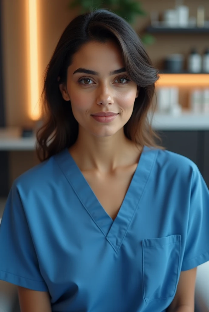 pakistani doctor, blue scrubs, aesthetic clinic, sitting in a facial clinic, beautiful detailed eyes, beautiful detailed lips, extremely detailed face and features, intricate details, photo-realistic, 8k, high resolution, masterpiece, cinematic lighting, dramatic shadows, warm color tones, elegant, professional