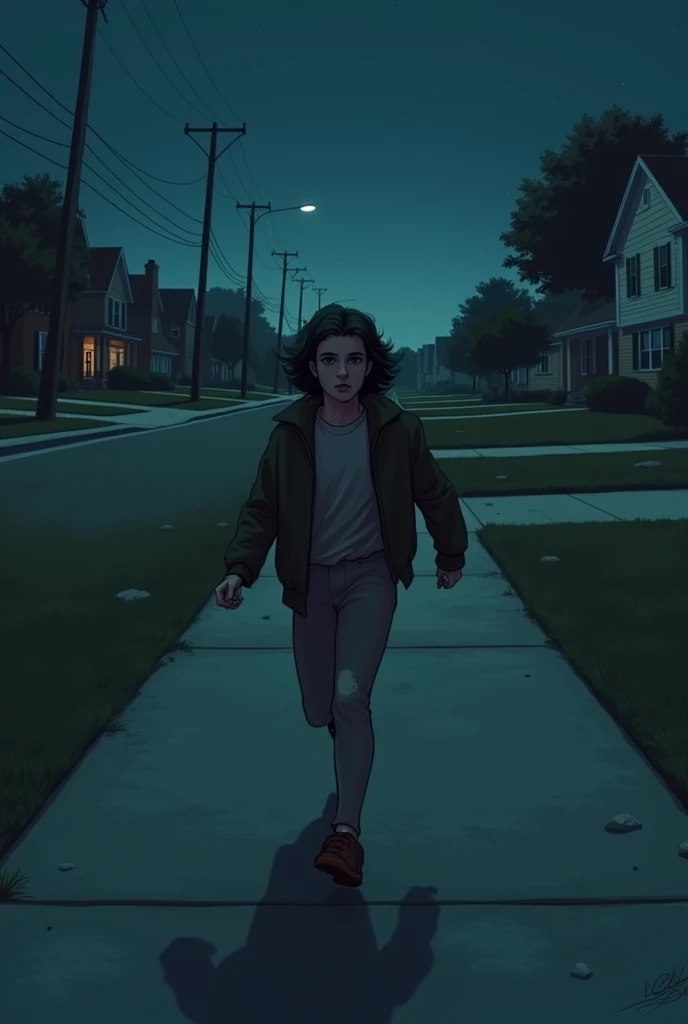 Draw a ager , Without beard, delgado, and white-skinned escaping from a subdivision at night