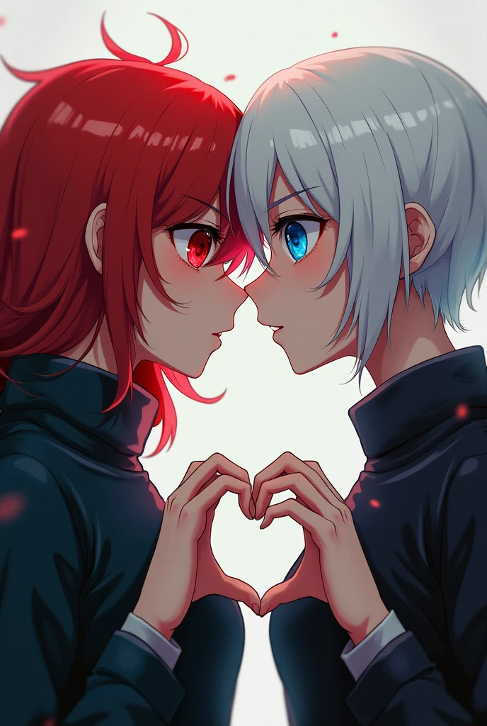  redhead with red right eye and blue left eye making a heart using her hands along with one with white hair and red eyes 
