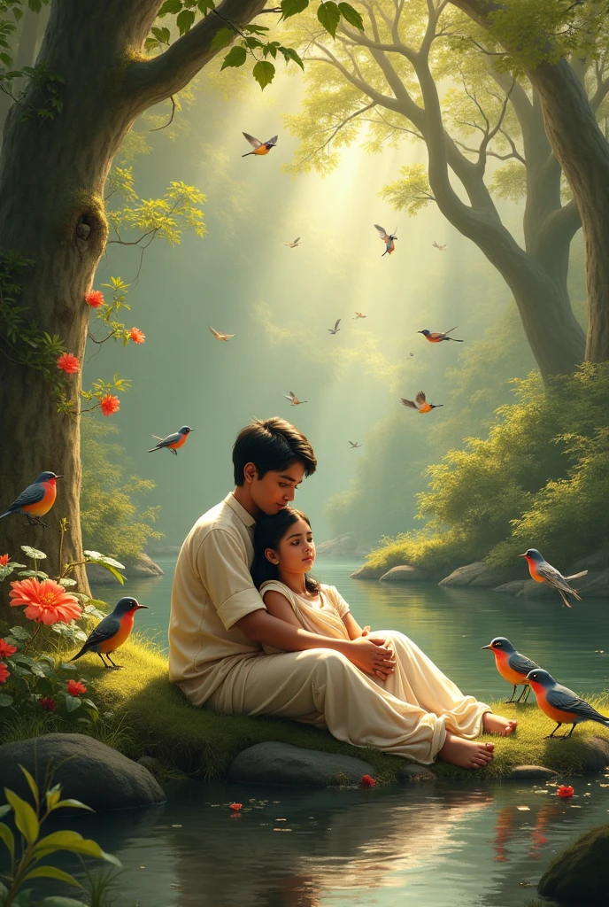 A beautiful Indian boy is sitting and a beautiful Indian girl is lying on his lap.  A beautiful environment surrounded by many beautiful birds