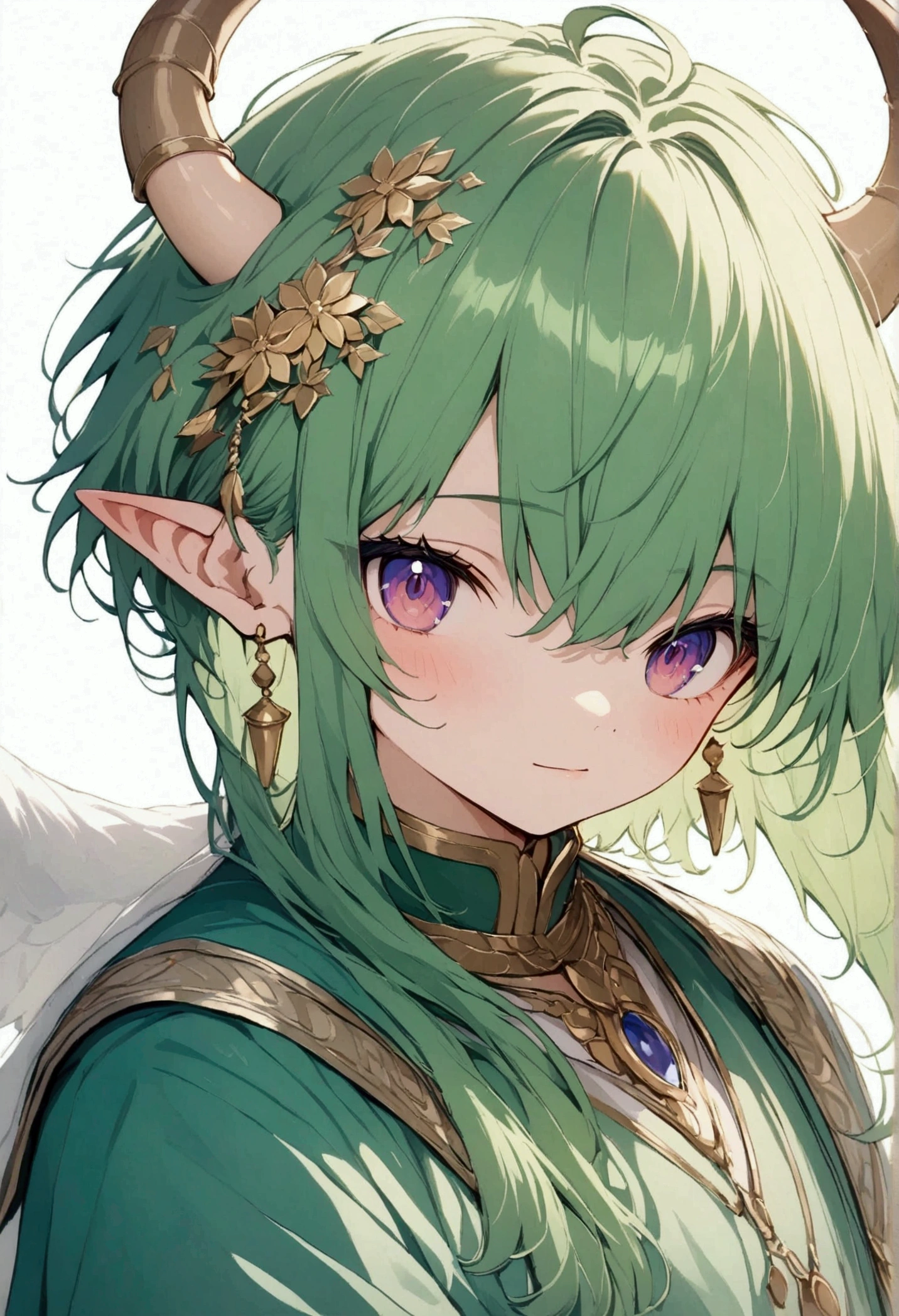 cute teenage boy,druid,Green silk dress with gold trim, get up ,The sun smiles brightly, A boy with long green hair, Wooden horns on the head