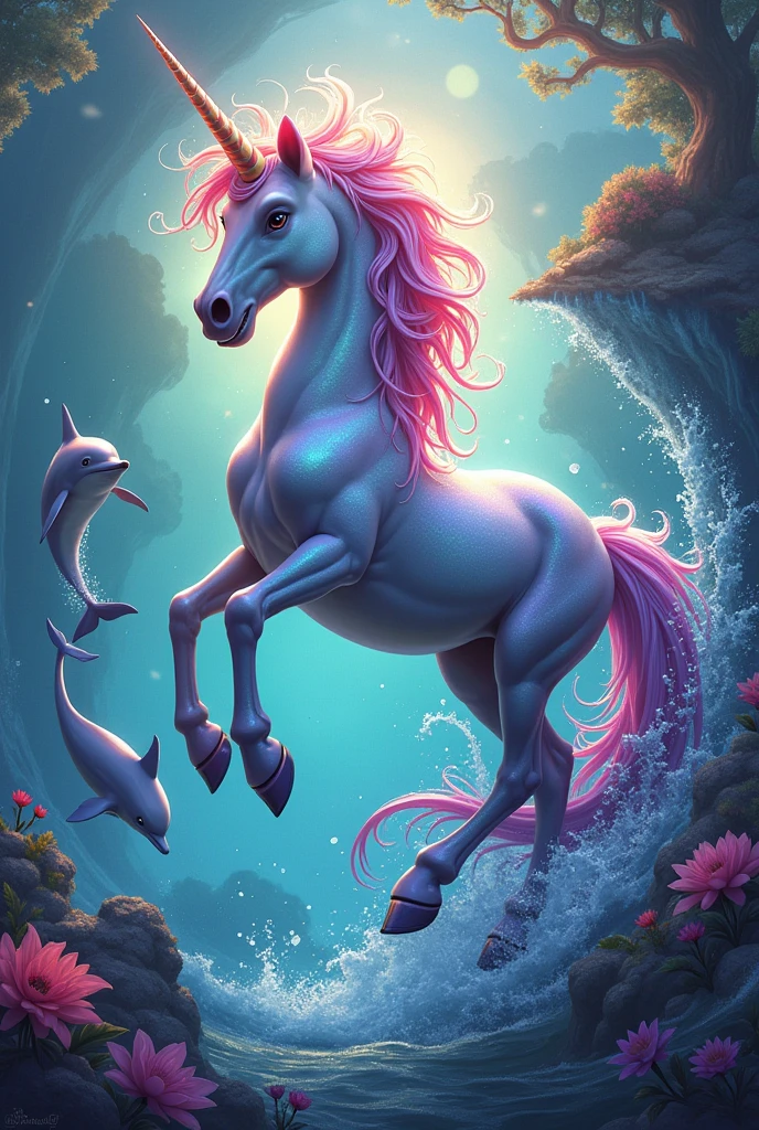 Ultra colorful unicorn and dolphins