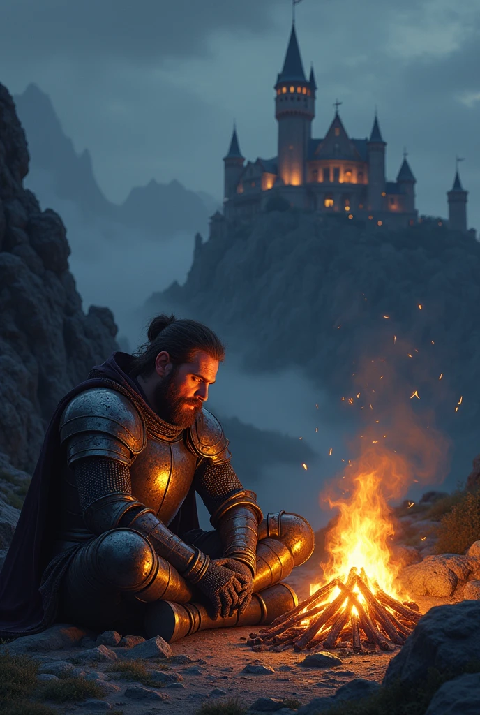 Knight resting on the bonfire with a castle above the mountains in the background