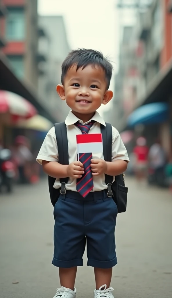 Realistic of Indonesian boy 4 yo,soft smile,He is wearing a uniform,tie,bag,white shoes, and holding an Indonesian small flag.street,jakarta city ,indonesia,high resolution