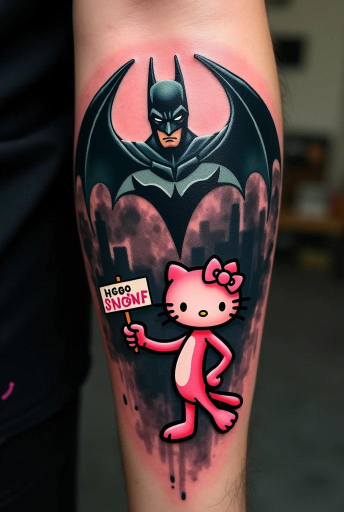 Batman tattoo with the pink panther holding a hello kitty sign