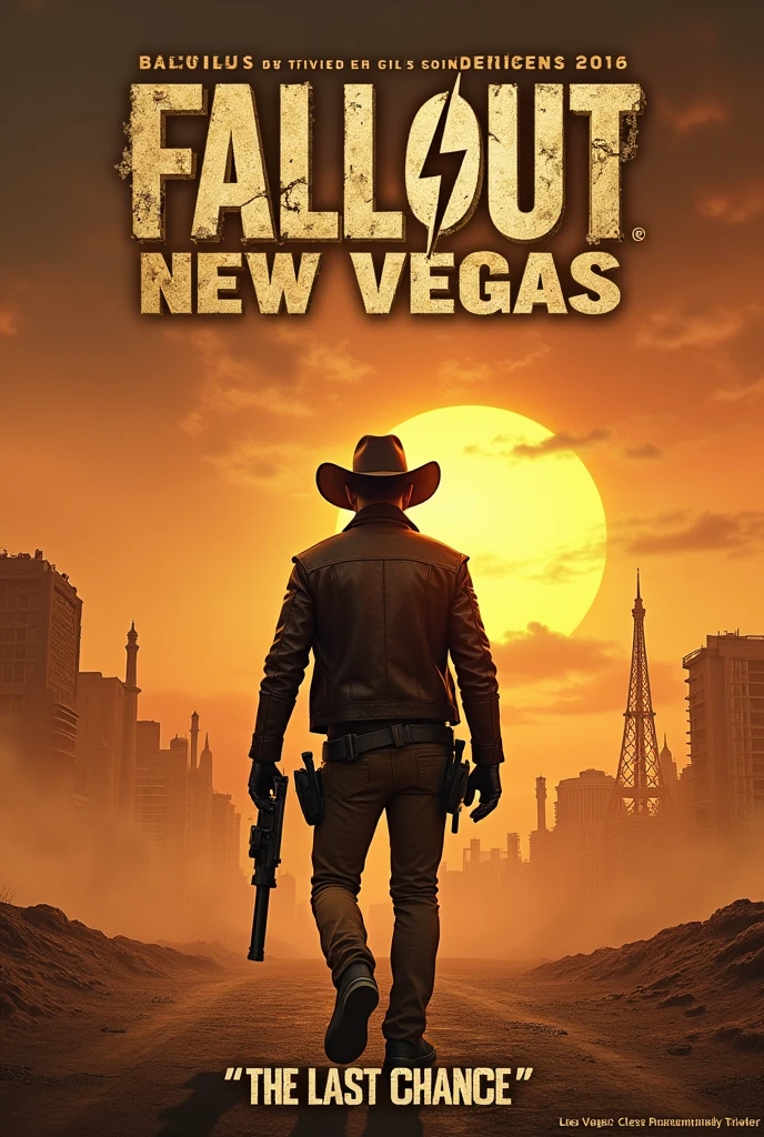 I want to design a poster for a movie based on the video game Fallout: New Vegas. The poster should capture the post-apocalyptic essence and desolate atmosphere of the game.. Next, I provide you with the specific details that need to be included:

1. Title:

Text: "Fallout: New Vegas"
style: Worn and rustic typography, that simulates rusty metal.
2. Tagline:

Text: "The Last Chance"
Location: Just below the title in a complementary font, smaller.
3. Main Image:

bottom: Desert landscape with Las Vegas ruins on the horizon, with an orange sky at sunset and floating dust or sand effects.
central character: An individual with a leather jacket and a cowboy hat, holding a revolver or assault rifle, with a determined expression. The character must be in the foreground, slightly tilted to one side.
4. Additional Information:

Date de Estreno: At the bottom of the poster, in a large, prominent font, EXAMPLE: "Premiere on [Date]".
credits: Studio and director logos, and a small text that says "Based on the acclaimed video game".
5. colors y Effects:

colors: Warm tones like oranges, red, and browns for the desert and the sky. Touches of blue and green for the Las Vegas sign.
Effects: Add floating dust and sand effects for depth and texture. Include dramatic shadows to highlight the character.
style General:
The poster should convey an atmosphere of desolation and conflict., reflecting the post-apocalyptic setting of the game.


