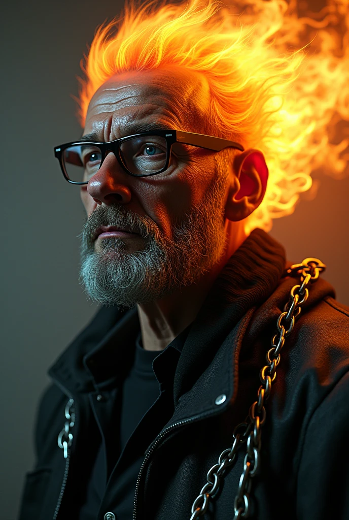 draw a man wearing black glasses with an exahusted face, hair on fire, jacket with chains 