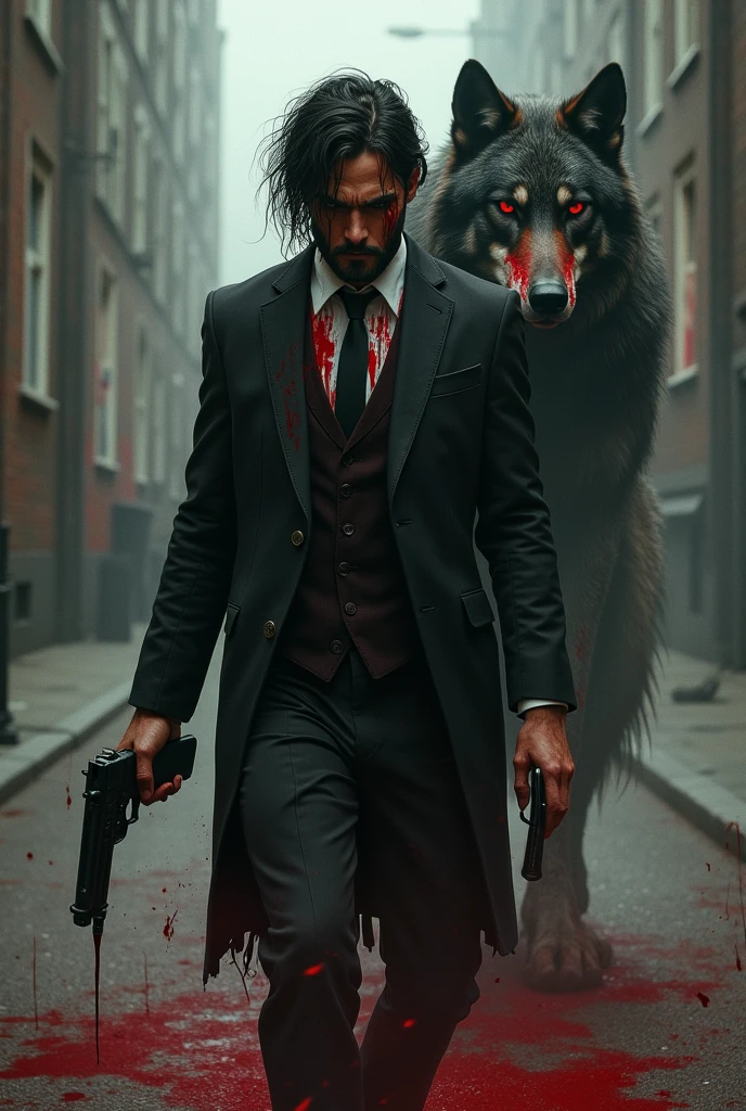 Man with blood on his drees and trident his right hand with gun and trident in left hand and stand with a scary wolf on blood on wolf face background working city