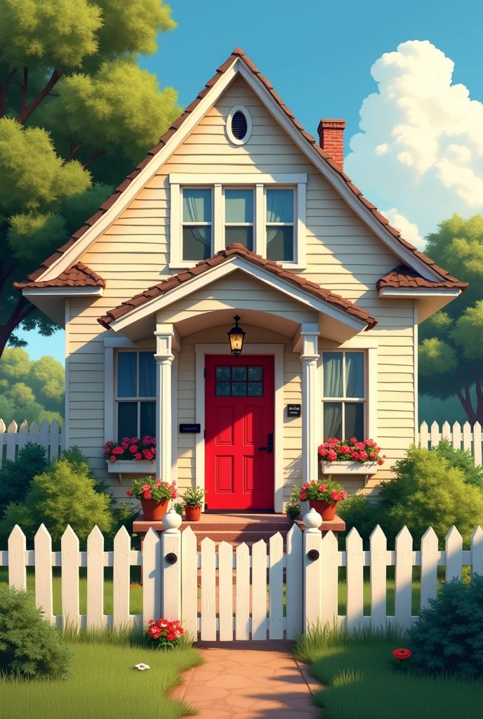 Show Mr. Thompson’s little house with a white picket fence and a bright red door prominently.