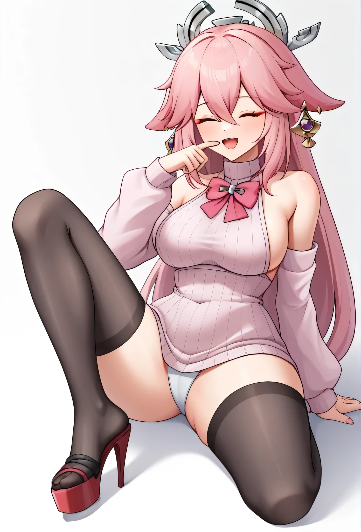 score_9,score_8_most,score_7_most,Bachong, alone, finger_To_Mouth closed, Pink_chemise, Pink_theme, Schmucklos_backdrop, 1 girl, long_sleeve, open_Mouth closed, pleated_rocks, breasts, seek_at_Toschauer, Pink_sweater, White_backdrop, White_chemise, Pink_Ribbon, sleeve_Past_wrists, highres, absurdeste, sleeveless_sweater, hole body, black nylon stockings, platform High heels