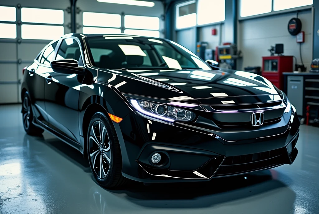 A freshly polished black Honda car at an auto detailing shop 