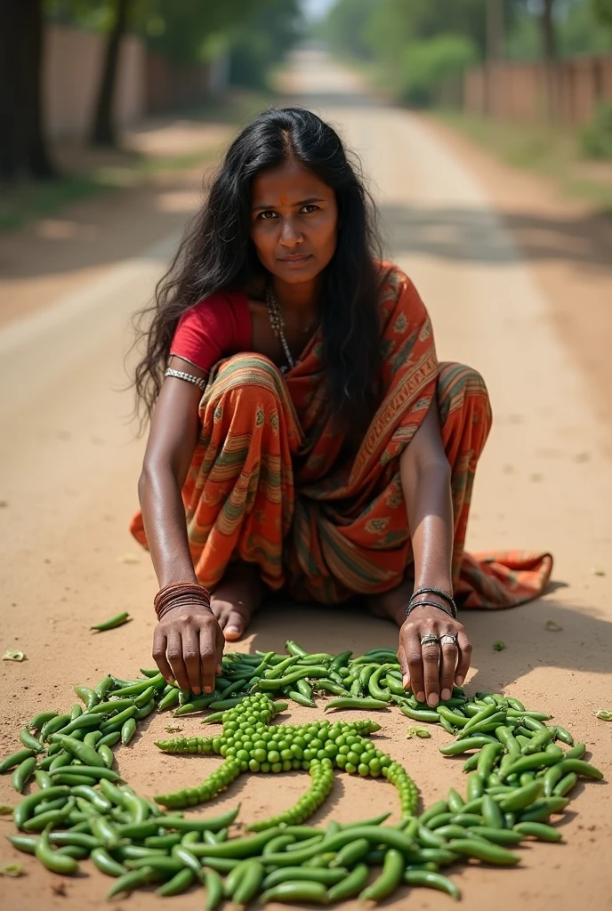 A photo of a poor Indian woman making a deer on the ground using green chillies. The woman is wearing a saree and has long hair. The deer is made with green chillies arranged in a circular pattern. The background is a dirt road.