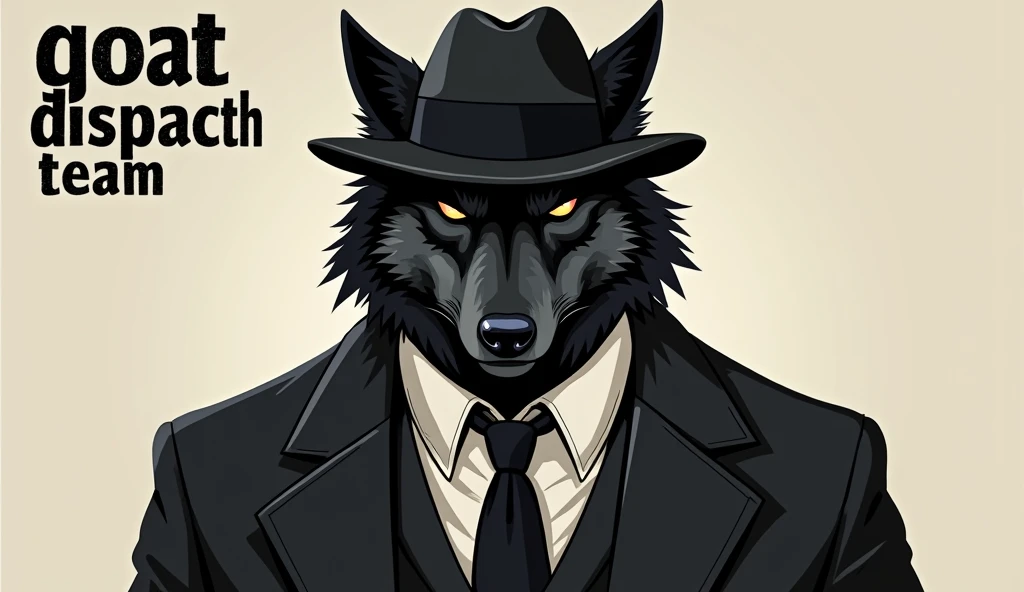 Serious black wolf in gangster clothes under the lettering “GOAT DISPATCH TEAM”
