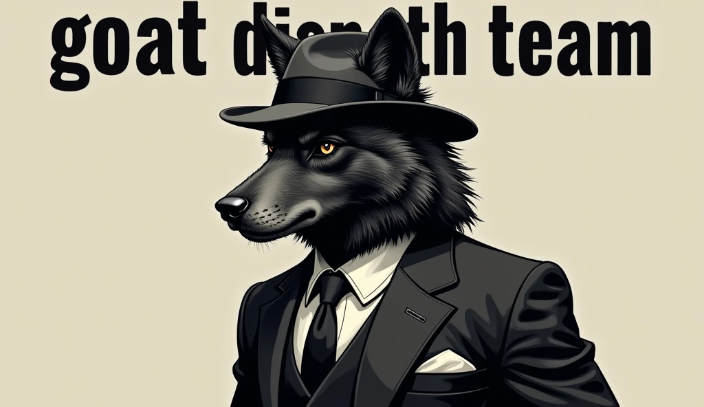  Serious black wolf in gangster clothes under the lettering “GOAT DISPATCH TEAM”