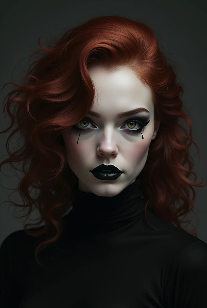 gothic Emma Stone, curly red hair, pale white skin, Láptico Preto, black eyeliner, Piercings.