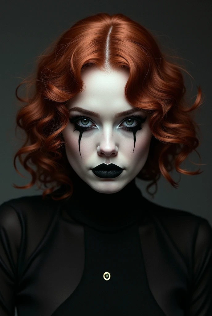 gothic Emma Stone, curly red hair, pale white skin, Láptico Preto, black eyeliner, Piercings.
