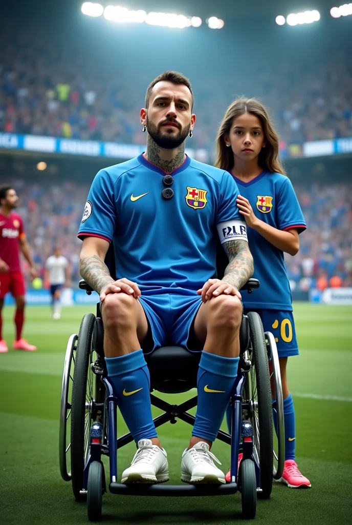 Javier, twenty-five years old, thin body, tattoo on his arms, black expanders or piercings in your earssitting in a wheelchair, disabled, soccer team fan with blue uniform, in the background a stadium with people holding his name on banners, while he is dressed with all the accessories of a soccer fan, next to him his daughter, Sara, who is , sad look because she knows that her father is going to die
Facing the camera from the front to tell his story, short hair, enlarged image, clear setting, no animation, 100% real,