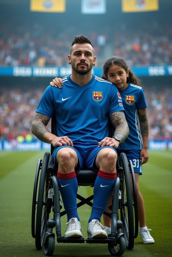 Javier, twenty-five years old, thin body, tattoo on his arms, black expanders or piercings in your earssitting in a wheelchair, disabled, soccer team fan with blue uniform, in the background a stadium with people holding his name on banners, while he is dressed with all the accessories of a soccer fan, next to him his daughter, Sara, who is , sad look because she knows that her father is going to die

Facing the camera from the front to tell his story, short hair, enlarged image, clear setting, no animation, 100% real, 