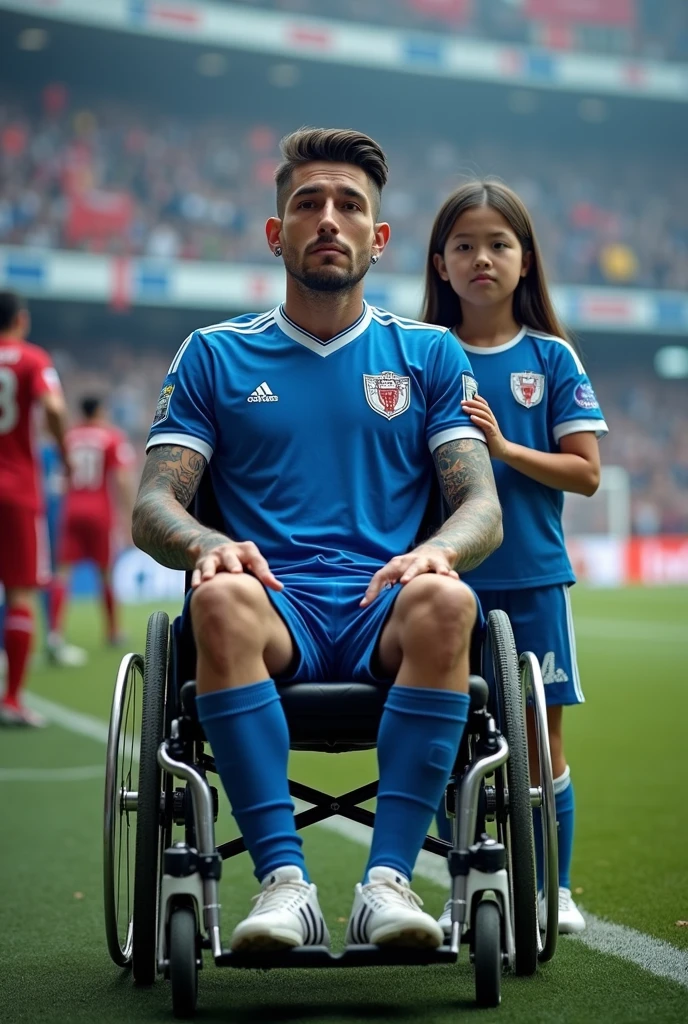 Javier, twenty-five years old, thin body, tattoo on his arms, black expanders or piercings in your earssitting in a wheelchair, disabled, soccer team fan with blue uniform, in the background a stadium with people holding his name on banners, while he is dressed with all the accessories of a soccer fan, next to him his daughter, Sara, who is , sad look because she knows that her father is going to die
Facing the camera from the front to tell his story, short hair, enlarged image, clear setting, no animation, 100% real,