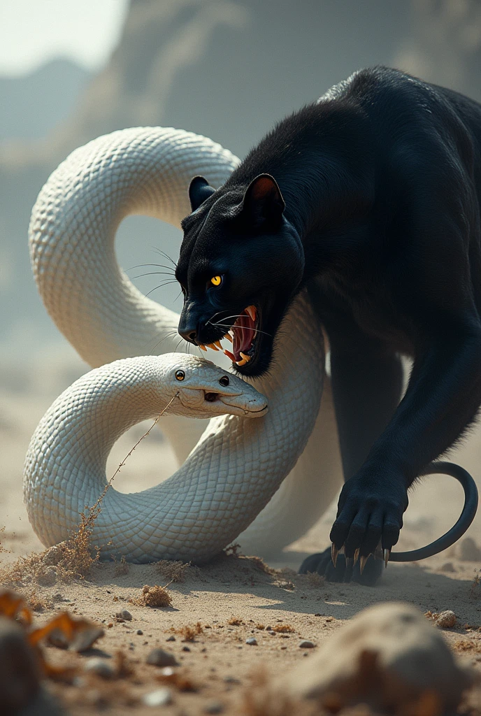 सफेद सांप और ब्लैक पैंथर की लड़ाई सुनसान बैकग्राउंड ब्लैक पैंथर ने सफेद सांप को अपने मुंह में जकड़ लिया सांप मर गया सामने देखते हुई इमेज