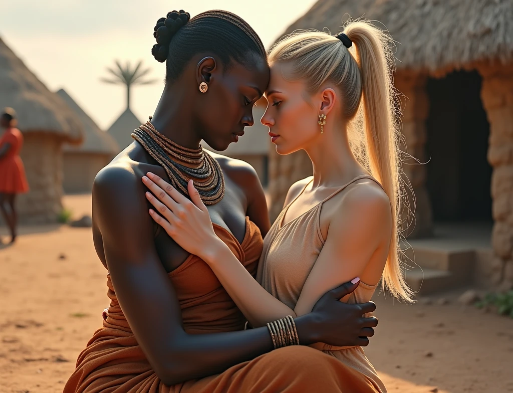 blond girl with a white complexion is sitting next to himba teenage woman, in a village, futuristic himba teenage girl, futuristic himba young woman, himba woman is holding and disrobing blond girl, lesbian embrace, beautiful futuristic himba woman, himba, two beautiful women in love, himba hairstyle, varying ethnicities, lesbian, beautiful, beautiful girls, absolutely outstanding image, beautiful women, masterpiece, photorealistic, detailed portrait, high quality, realistic, intricate details, warm lighting, soft focus, dramatic lighting, oil painting, renaissance style, (there is a wormhole to Europe in the background), different face types and shapes, different (lip, cheeks, jaws, hair color, nose, eyes) types, ((full body shot)), himba woman's hands on blond girl's butt,