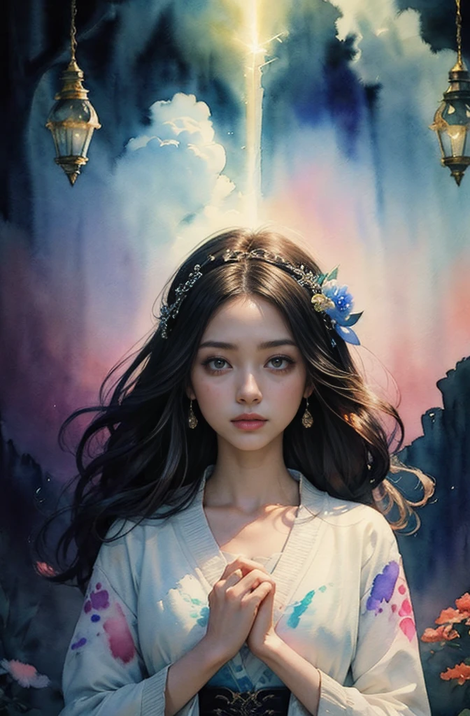 (Tabletop, Highest qualityの, Highest quality, Official Art, (beautifully、aesthetic:1.4), (Watercolor:1.4) ), (Izanami 1.5), 日本のgod話の女god, Majestic beauty, 創造の女god、生命の女god、Typically、((((Typically))))、Reincarnation Support, god'Grace, Gentle and meditative expressions, Flowing, celestial garments, Shine、Created all the landscapes and worlds on Earth, A dazzling dance of light, Whispers of Ancient Legends