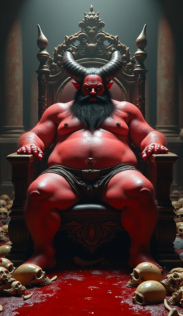 satan on his ruling throne made out of bones ,royal hall,pool of blood, red skin, chubby, hairy, hairy belly, high resolution, ultra-detailed, sharp focus, detailed eyes, symmetrical eyes, expressive eyes, clear pupils, focused gaze , king's expression is intimidating with a sense of authority, solo, masterpiece, best quality, male, mature, manly, detailed nipples, photorealistic, 8k, (wide dynamic range, hdr:1.2), sitting, (night:1.2), light, looking at viewer, pose, tight underwear with a realistic bulge in the front, emphasizing the natural shape, detailed fabric texture, Blood, bones and human skulls on the ground, soft shadows highlighting the contours ,full body, spread legs, shadow, leaning back, hell, very short fur, detailed skin texture, high contrast lighting, feet