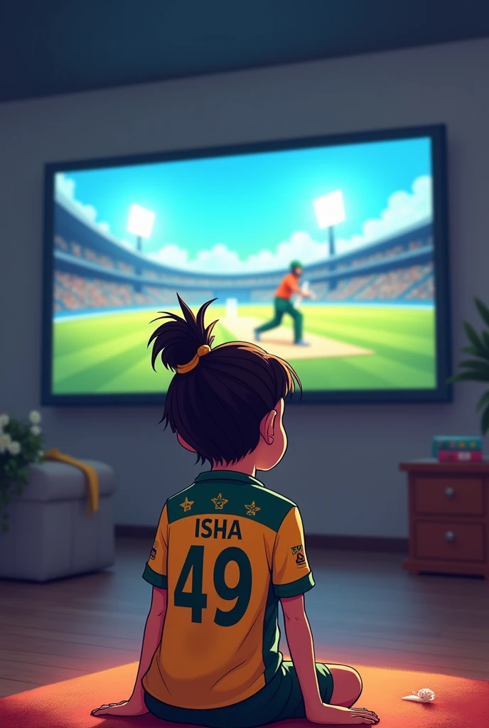 A teenager girl watching Australian cricket match in the hall room and wearing Australian jersey with name "ISHA" and number "49" girl sits below on LED
. like a cartoon  